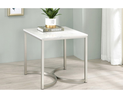 Coaster - Faux Marble Square End Table in White/Satin Nickel