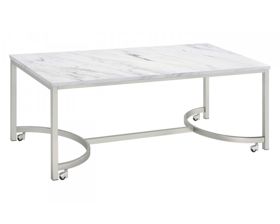 Coaster - Coffee Table With Casters in White/Satin Nickel