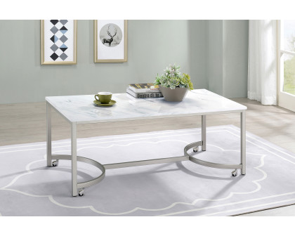 Coaster - Coffee Table With Casters in White/Satin Nickel