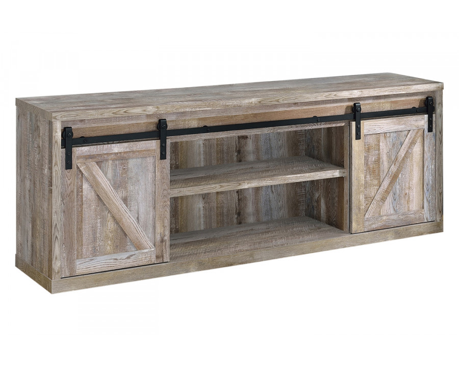 Coaster 71-Inch 3-Shelf Sliding Doors TV Console - Weathered Oak