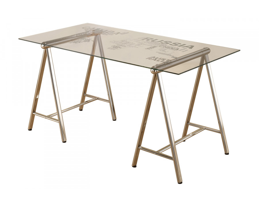 Coaster - Patton World Map Writing Desk in Nickel/Printed Clear