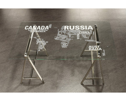 Coaster - Patton World Map Writing Desk in Nickel/Printed Clear