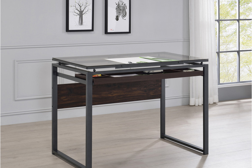 Coaster™ Pantano Glass Top Drafting Desk - Dark Gunmetal/Chestnut