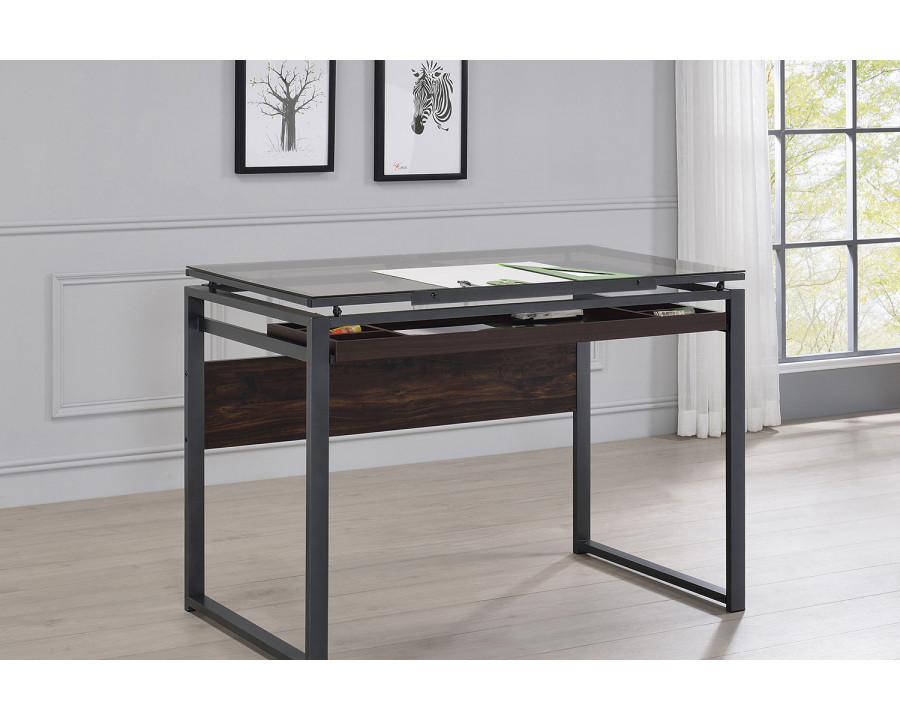 Coaster - Pantano Glass Top Drafting Desk in Dark Gunmetal/Chestnut