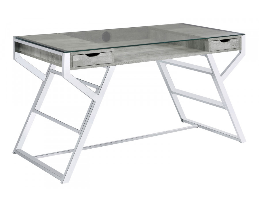 Coaster - Emelle 2-Drawer Glass Top Writing Desk in Gray Driftwood/Chrome