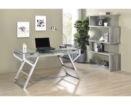 Coaster - Emelle 2-Drawer Glass Top Writing Desk in Gray Driftwood/Chrome