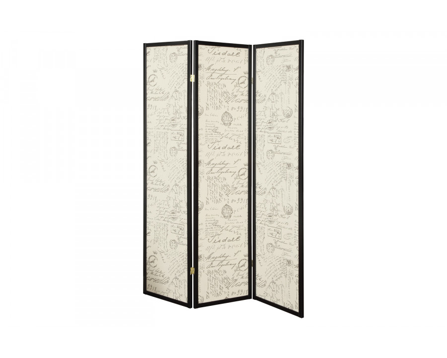 Coaster - 3-Panel French Script Print Folding Screen in Espresso