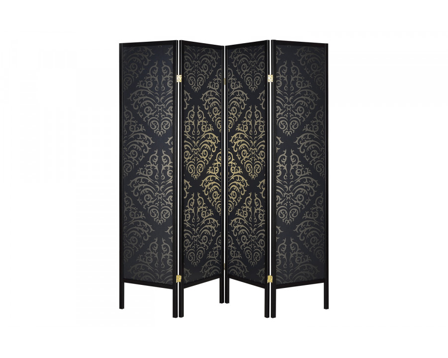 Coaster - 4-Panel Damask Pattern Folding Screen in Black