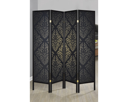 Coaster - 4-Panel Damask Pattern Folding Screen in Black