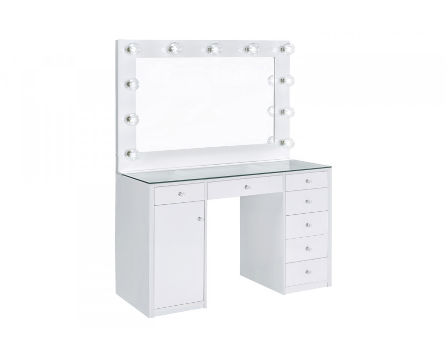 Coaster - 7-Drawer Glass Top Vanity Desk With Lighting in White