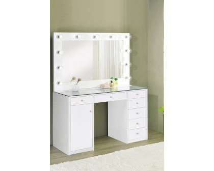 Coaster - 7-Drawer Glass Top Vanity Desk With Lighting in White