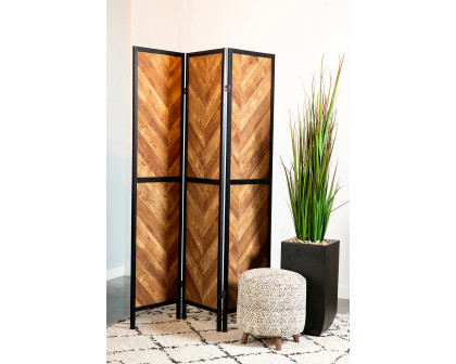 Coaster - Herringbone Pattern 3-Panel Screen in Rustic Tobacco/Black