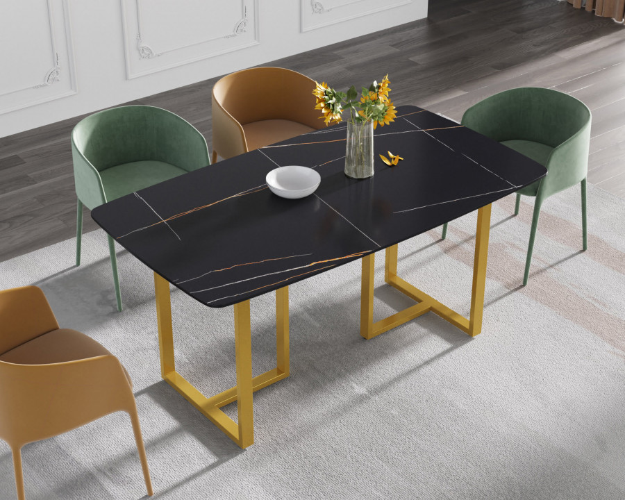 Crenus Pietra Curved Rectangular Dining Table - Black/Gold, 63"