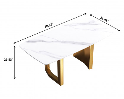 Crenus Basalto Curved Rectangular Dining Table - White/Gold, 63"