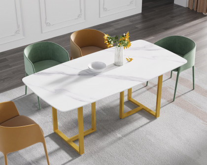 Crenus Pietra Curved Rectangular Dining Table - White/Gold, 63"