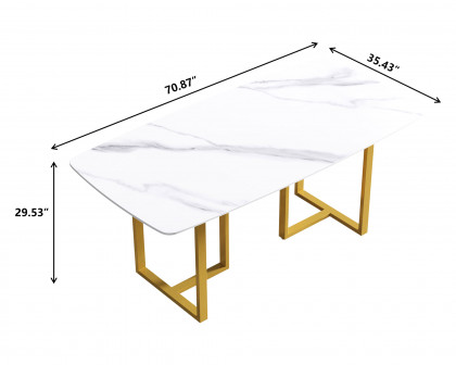 Crenus Pietra Curved Rectangular Dining Table - White/Gold, 63"