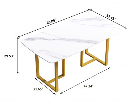 Crenus Pietra Curved Rectangular Dining Table - White/Gold, 63"