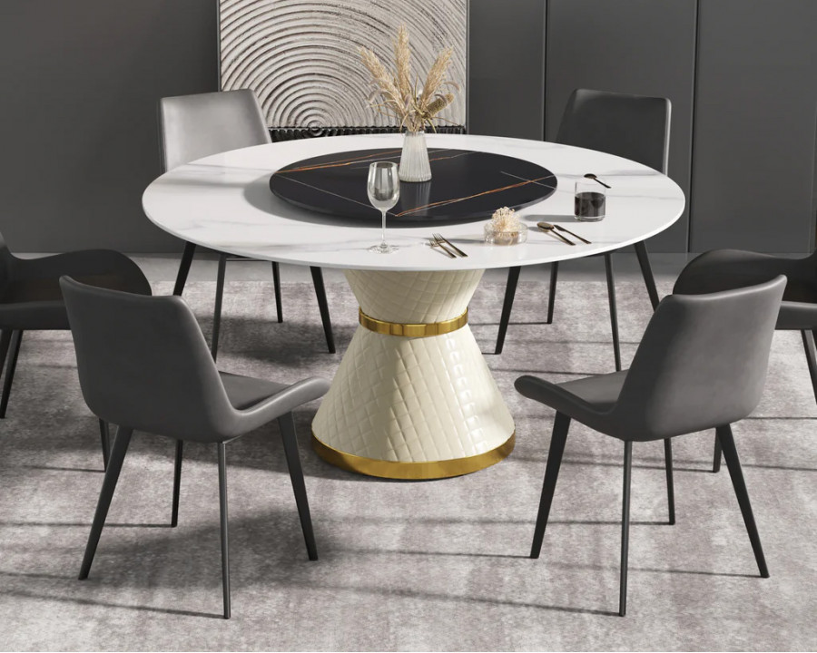 Crenus Raffinata Round Dining Table with Black Lazy Susan - White, 53.15”