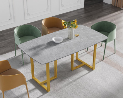 Crenus Pietra Curved Rectangular Dining Table - Gray/Gold, 70.87''