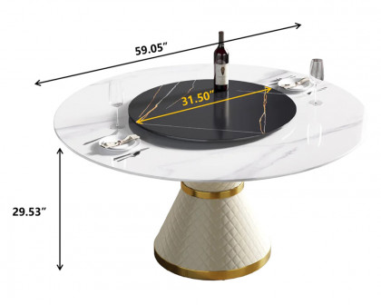 Crenus Raffinata Round Dining Table with Black Lazy Susan - White/Black, 53.15”