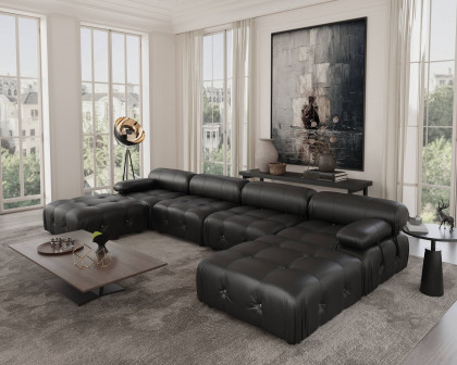 Crenus Lusso 138.60" U-Shaped Leather Sectional Sofa Lounge With 2 Ottomans - Black