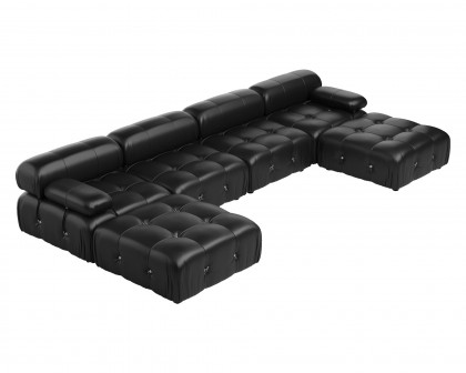 Crenus Lusso 138.60" U-Shaped Leather Sectional Sofa Lounge With 2 Ottomans - Black