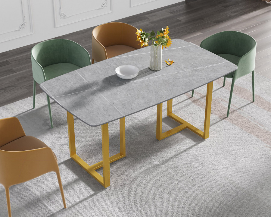 Crenus Pietra Curved Rectangular Dining Table - Gray/Gold, 63"