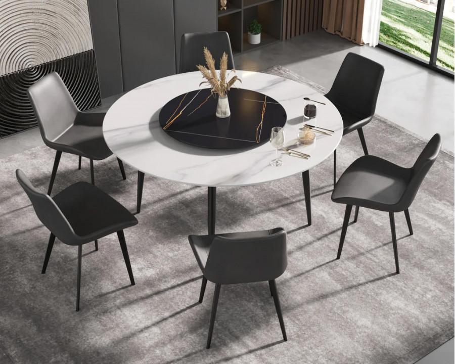 Crenus Round Dining Table with Black Lazy Susan - White/Black, 59.05”