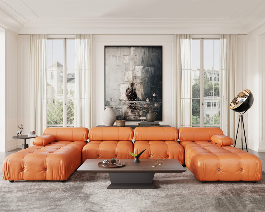 Crenus Lusso 138.60" U-Shaped Leather Sectional Sofa Lounge With 2 Ottomans - Orange