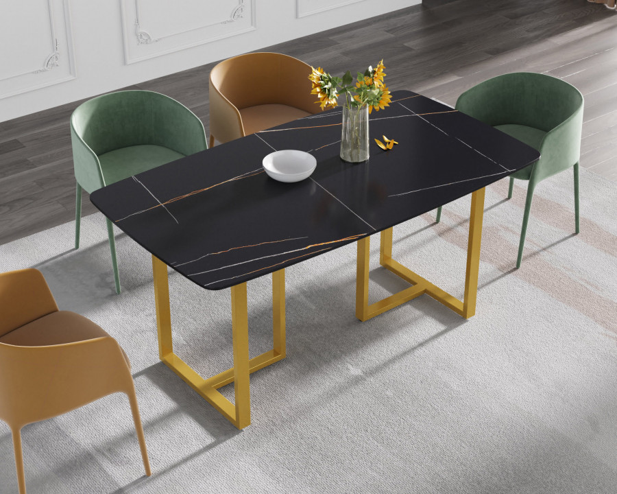 Crenus Pietra Curved Rectangular Dining Table - Black/Gold, 70.87''