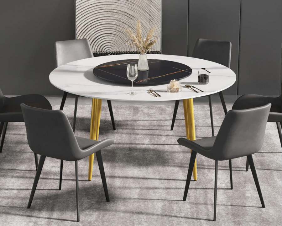 Crenus Round Dining Table with Black Lazy Susan - White/Gold, 59.05”