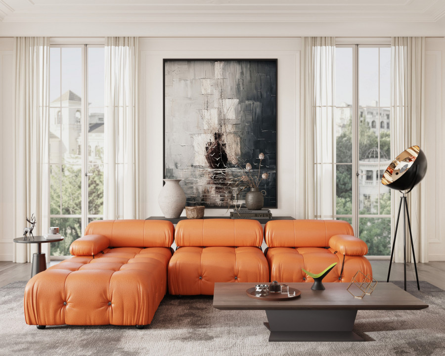 Crenus Lusso 103.95" 3-Seater Leather Sofa With Ottoman Water Resistant Anti scratch - Orange