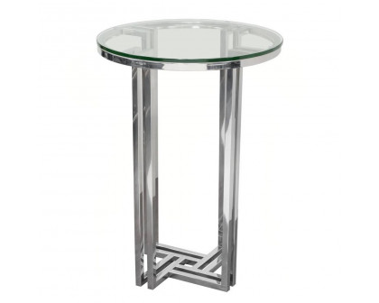 Diamond Sofa - DEKO Polished Stainless Steel Round Accent Table with Clear Tempered Glass Top