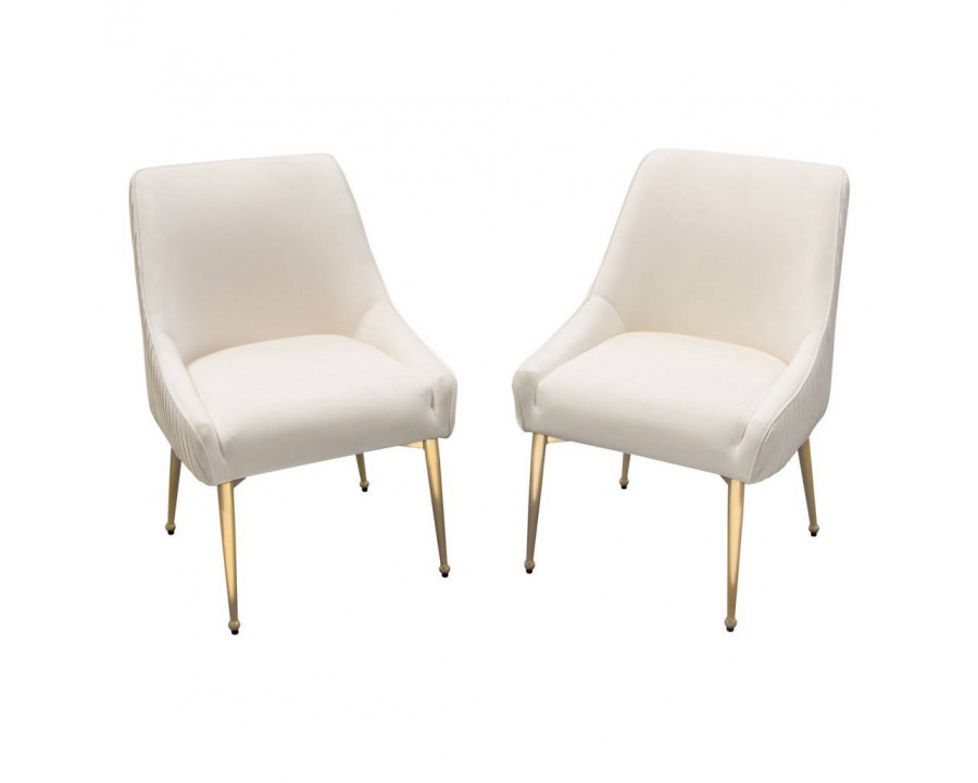 Diamond Sofa Quinn Velvet Dining Chairs with Vertical Outside Pleat Detail and Contoured Arm with Brushed Gold Metal Leg (Set of 2) - Cream