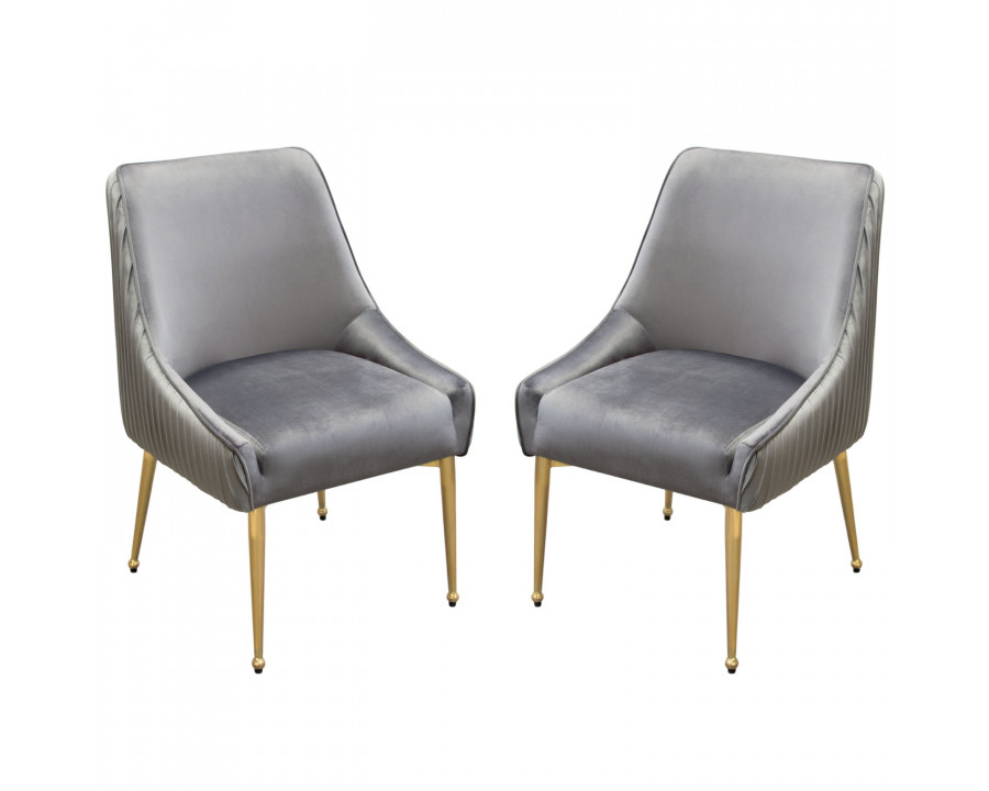 Diamond Sofa Quinn Velvet Dining Chairs with Vertical Outside Pleat Detail and Contoured Arm with Brushed Gold Metal Leg (Set of 2) - Gray