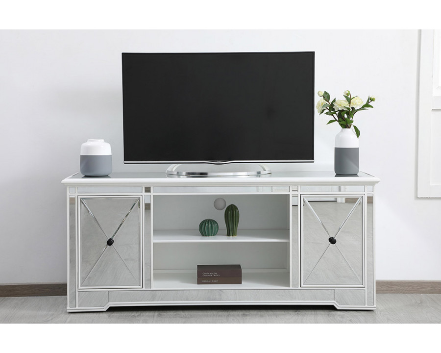 Elegant Modern 60" Mirrored TV Stand with Crystal Fireplace - White (MF60160AW)