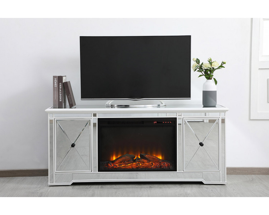 Elegant Modern 60" Mirrored TV Stand with Crystal Fireplace - White (MF60160AW-F1)