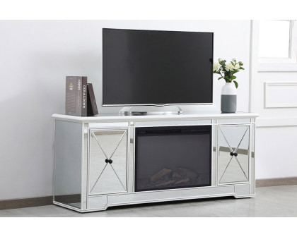 Elegant Modern 60" Mirrored TV Stand with Crystal Fireplace - White (MF60160AW-F1)