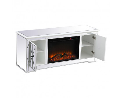 Elegant Modern 60" Mirrored TV Stand with Crystal Fireplace - White (MF60160AW-F1)