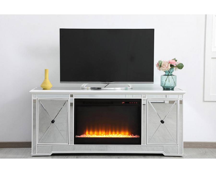 Elegant Modern 60" Mirrored TV Stand with Crystal Fireplace - White (MF60160AW-F2)