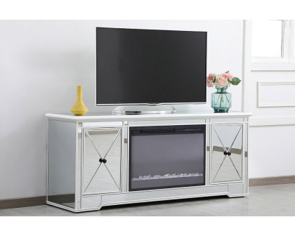 Elegant Modern 60" Mirrored TV Stand with Crystal Fireplace - White (MF60160AW-F2)