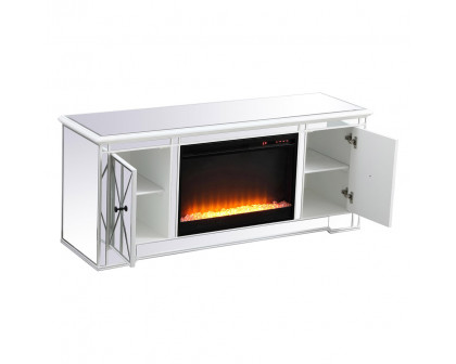 Elegant Modern 60" Mirrored TV Stand with Crystal Fireplace - White (MF60160AW-F2)