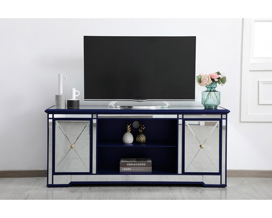 Elegant Modern 60" Mirrored TV Stand with Crystal Fireplace - Blue (MF60160BL)