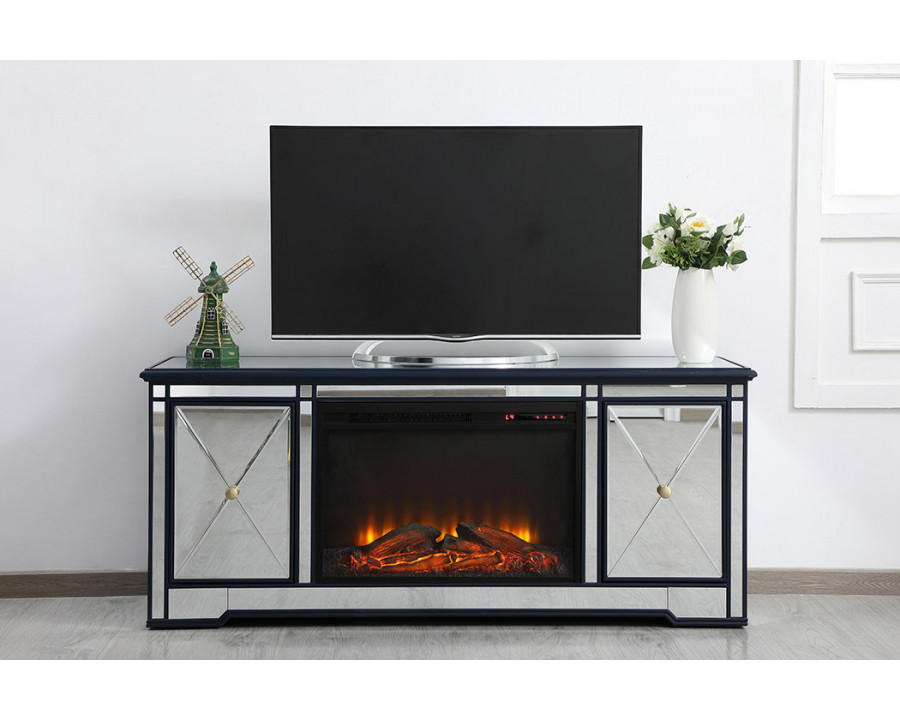 Elegant Modern 60" Mirrored TV Stand with Crystal Fireplace - Blue (MF60160BL-F1)