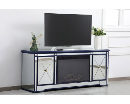 Elegant Modern 60" Mirrored TV Stand with Crystal Fireplace - Blue (MF60160BL-F1)