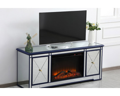 Elegant Modern 60" Mirrored TV Stand with Crystal Fireplace - Blue (MF60160BL-F1)