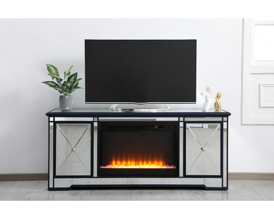 Elegant Modern 60" Mirrored TV Stand with Crystal Fireplace - Blue (MF60160BL-F2)