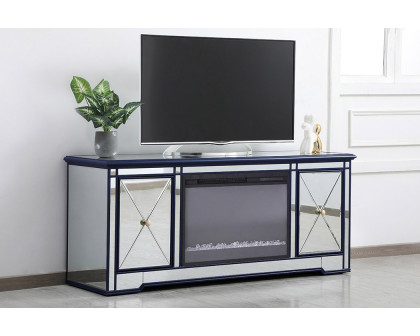 Elegant Modern 60" Mirrored TV Stand with Crystal Fireplace - Blue (MF60160BL-F2)