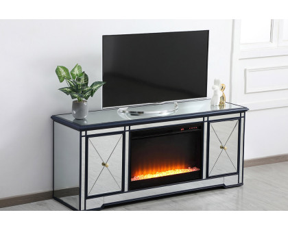 Elegant Modern 60" Mirrored TV Stand with Crystal Fireplace - Blue (MF60160BL-F2)