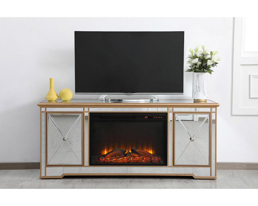 Elegant Modern 60" Mirrored TV Stand with Crystal Fireplace - Gold (MF60160G-F1)